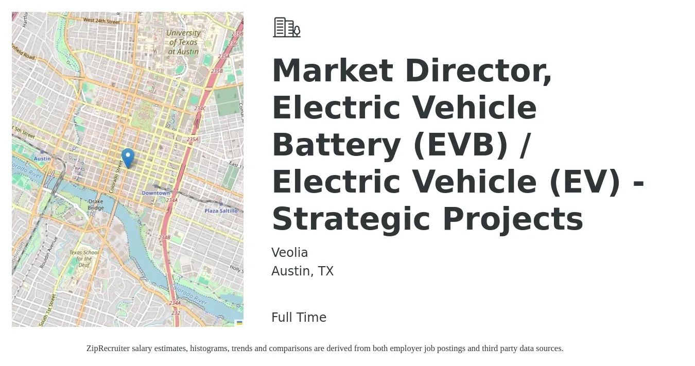 Veolia job posting for a Market Director, Electric Vehicle Battery (EVB) / Electric Vehicle (EV) - Strategic Projects in Austin, TX with a salary of $107,000 to $183,400 Yearly with a map of Austin location.