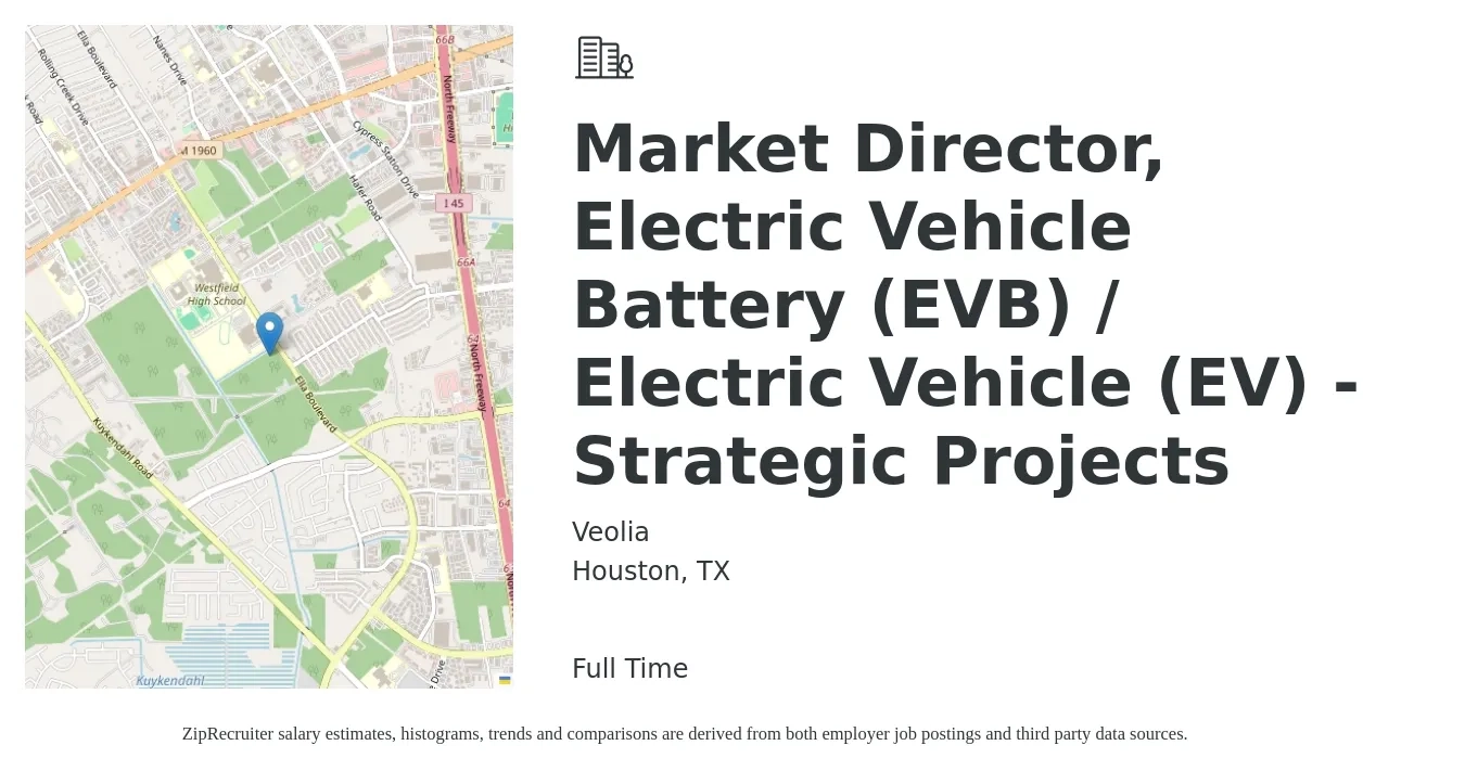 Veolia job posting for a Market Director, Electric Vehicle Battery (EVB) / Electric Vehicle (EV) - Strategic Projects in Houston, TX with a salary of $103,100 to $176,700 Yearly with a map of Houston location.