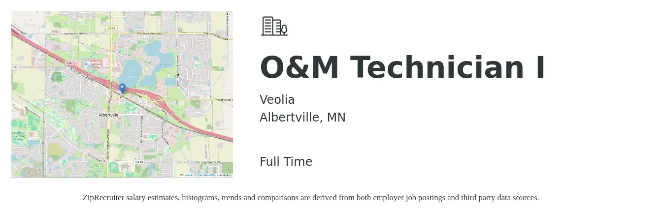 Veolia job posting for a O&M Technician I in Albertville, MN with a map of Albertville location.