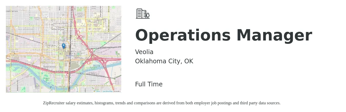 Veolia job posting for a Operations Manager in Oklahoma City, OK with a salary of $32,600 to $61,700 Yearly with a map of Oklahoma City location.