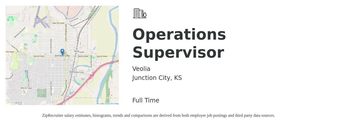 Veolia job posting for a Operations Supervisor in Junction City, KS with a salary of $38,100 to $72,000 Yearly with a map of Junction City location.