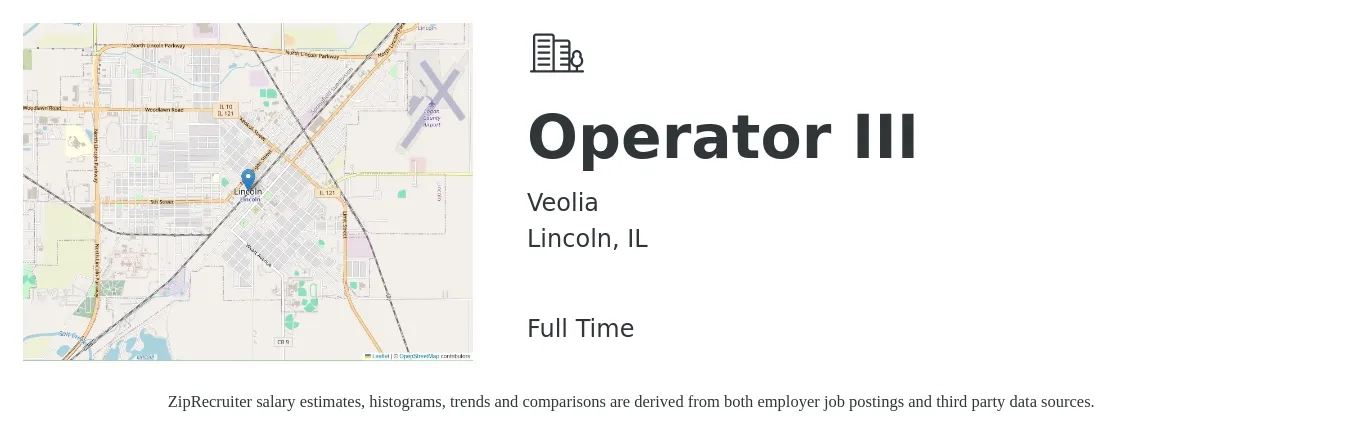 Veolia job posting for a Operator III in Lincoln, IL with a map of Lincoln location.
