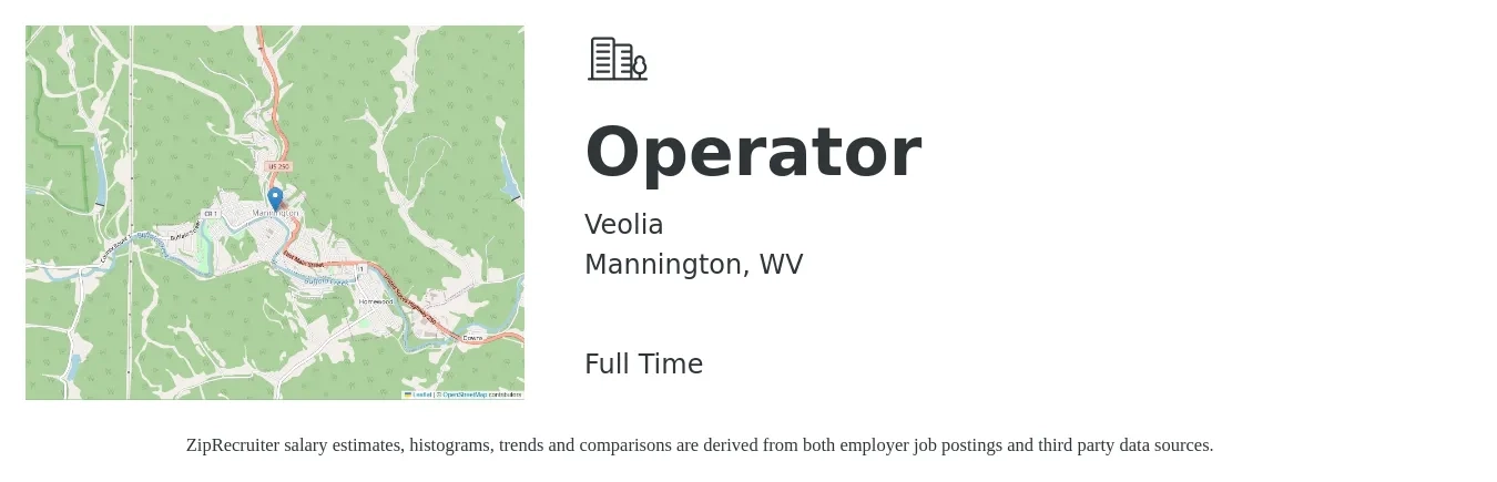 Veolia job posting for a Operator in Mannington, WV with a salary of $17 to $22 Hourly with a map of Mannington location.