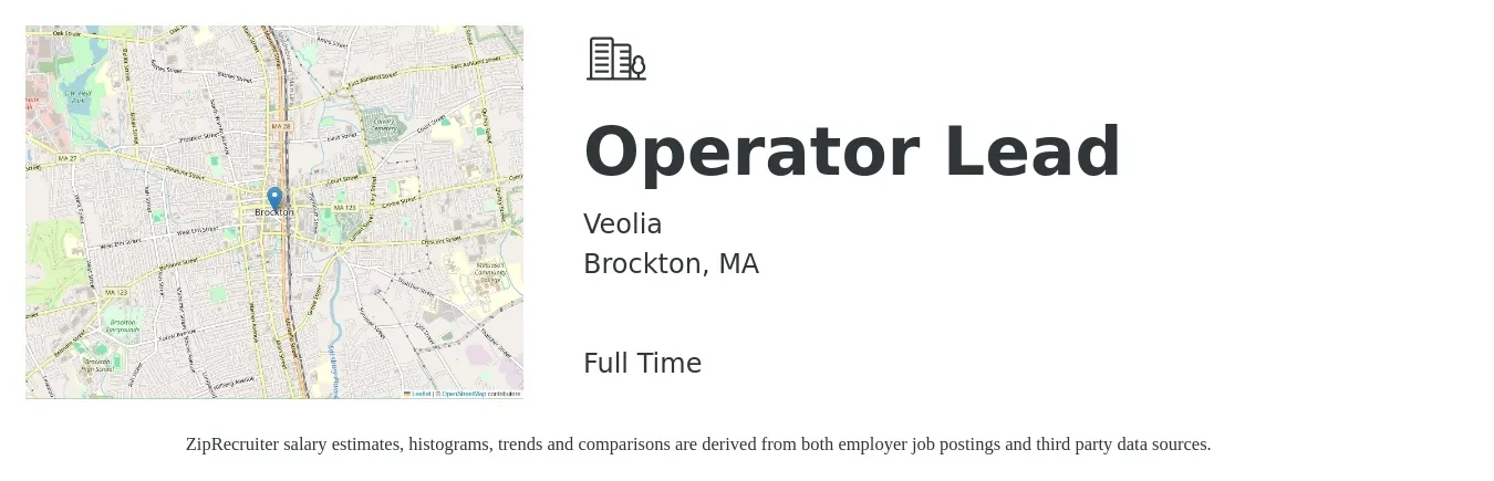 Veolia job posting for a Operator Lead in Brockton, MA with a salary of $36 Hourly with a map of Brockton location.