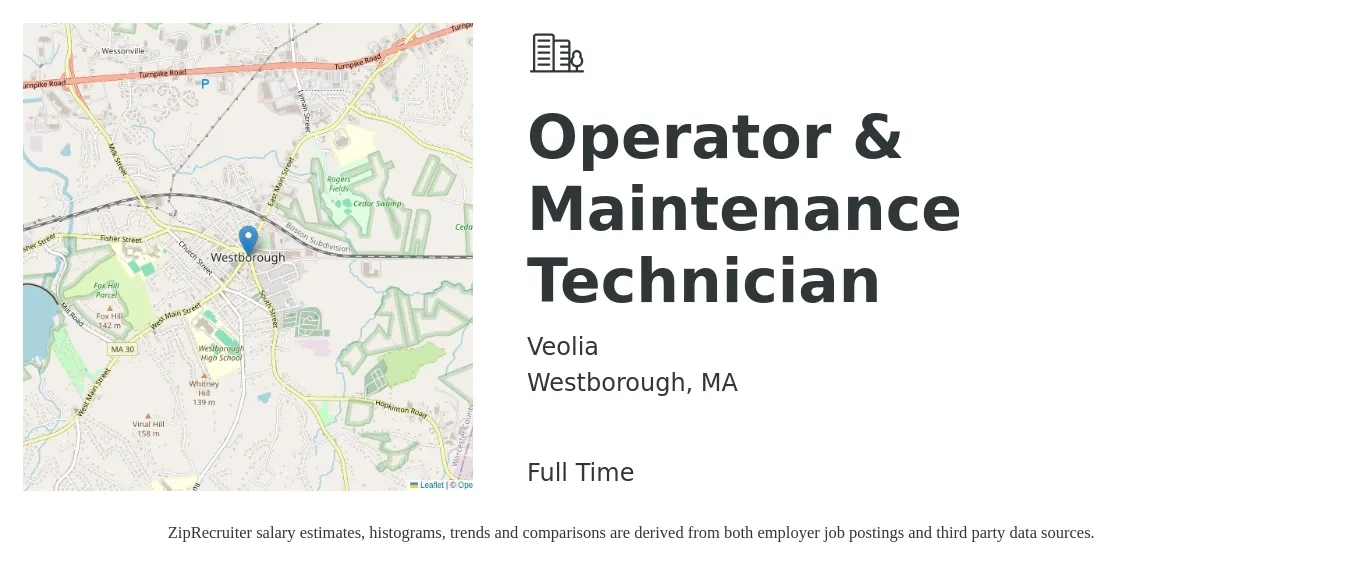 Veolia job posting for a Operator & Maintenance Technician in Westborough, MA with a salary of $20 to $28 Hourly with a map of Westborough location.