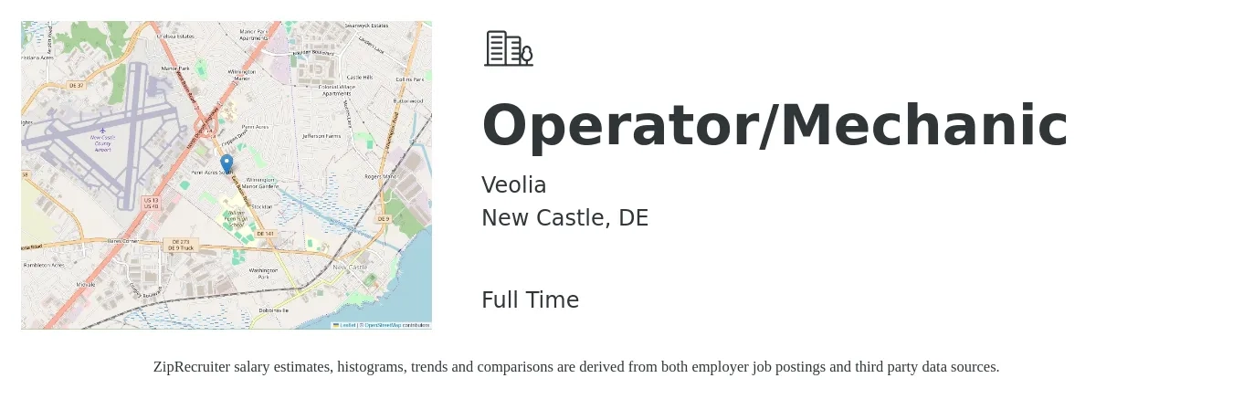 Veolia job posting for a Operator/Mechanic in New Castle, DE with a salary of $25 to $33 Hourly with a map of New Castle location.
