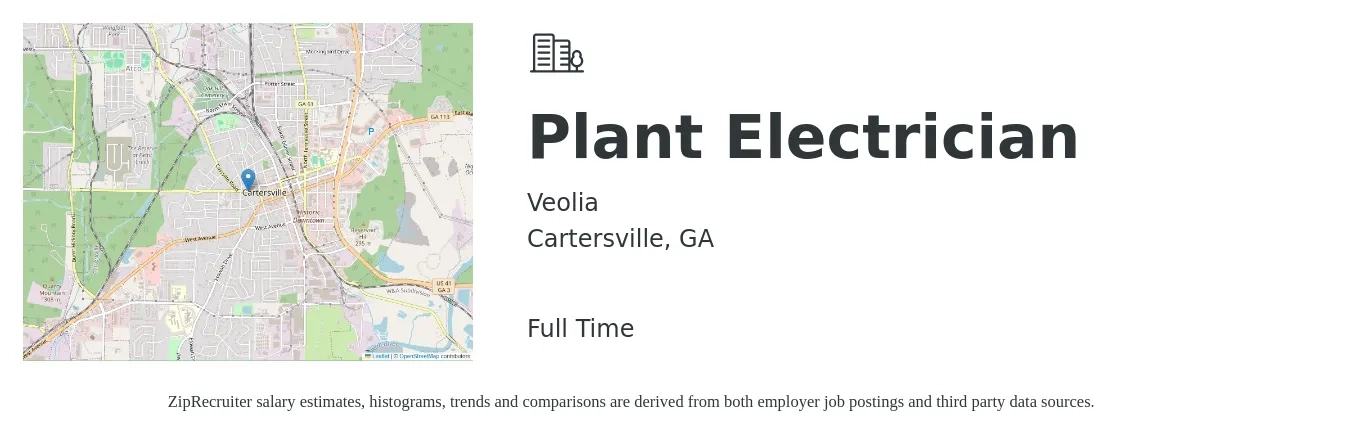 Veolia job posting for a Plant Electrician in Cartersville, GA with a salary of $26 to $46 Hourly with a map of Cartersville location.