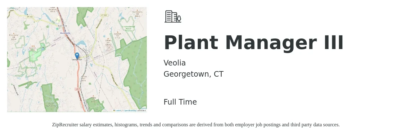 Veolia job posting for a Plant Manager III in Georgetown, CT with a salary of $92,800 to $143,200 Yearly with a map of Georgetown location.