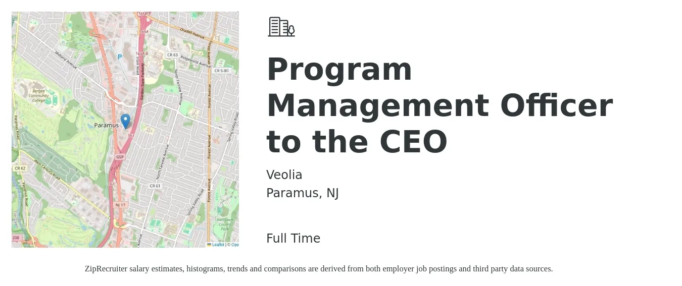 Veolia job posting for a Program Management Officer to the CEO in Paramus, NJ with a salary of $55,200 to $101,200 Yearly with a map of Paramus location.