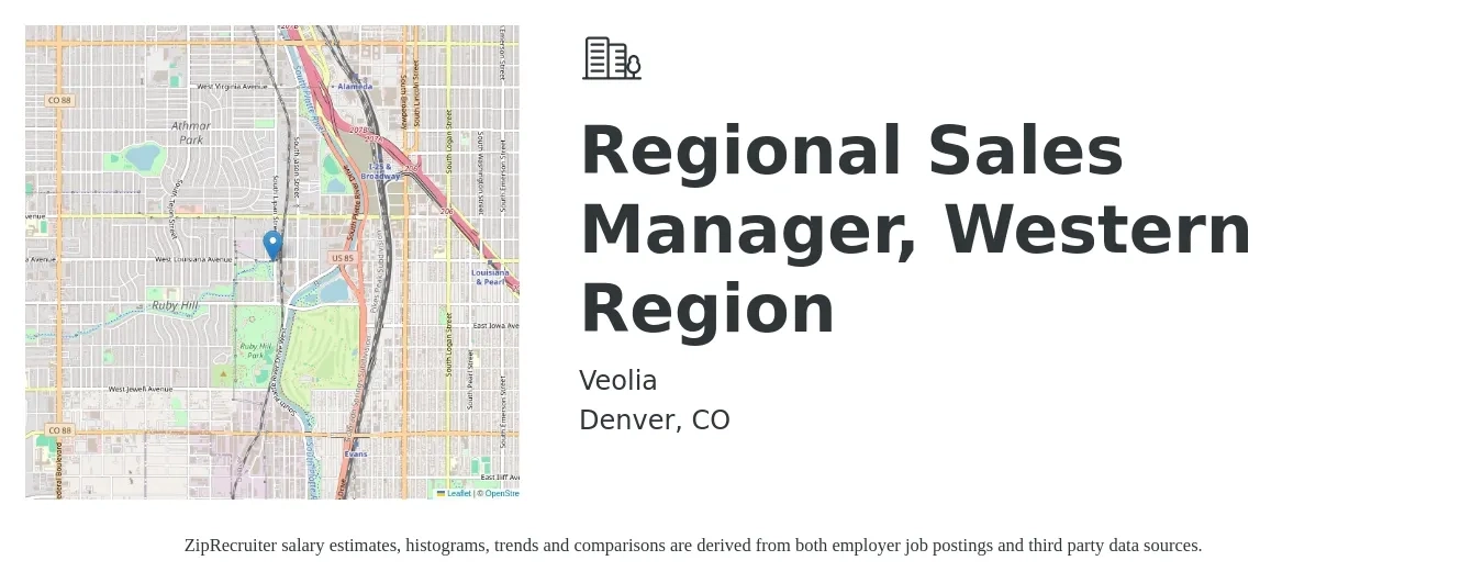 Veolia job posting for a Regional Sales Manager, Western Region in Denver, CO with a salary of $74,100 to $115,800 Yearly with a map of Denver location.