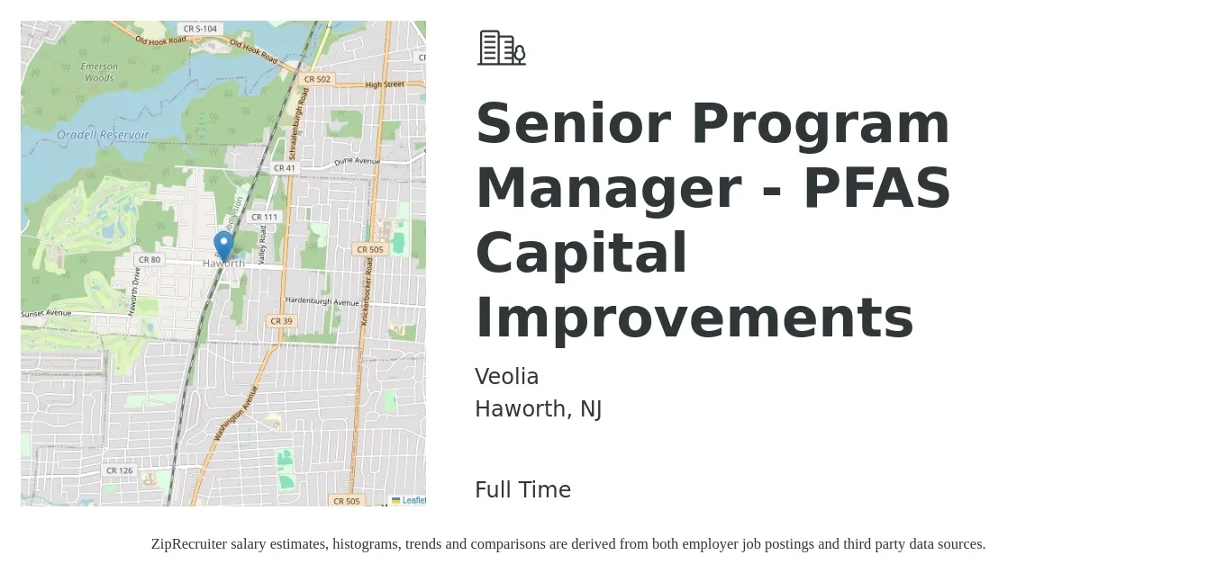 Veolia job posting for a Senior Program Manager - PFAS Capital Improvements in Haworth, NJ with a salary of $114,000 to $160,900 Yearly with a map of Haworth location.