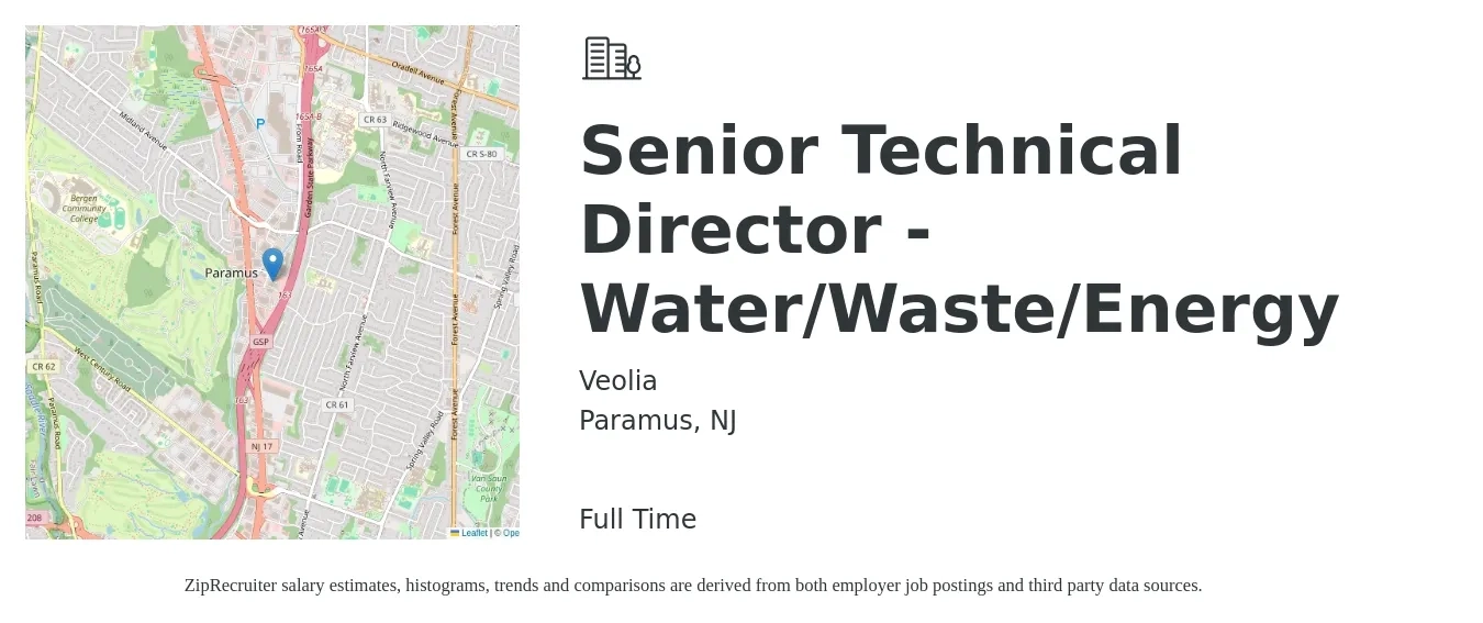 Veolia job posting for a Senior Technical Director - Water/Waste/Energy in Paramus, NJ with a salary of $114,900 to $158,400 Yearly with a map of Paramus location.