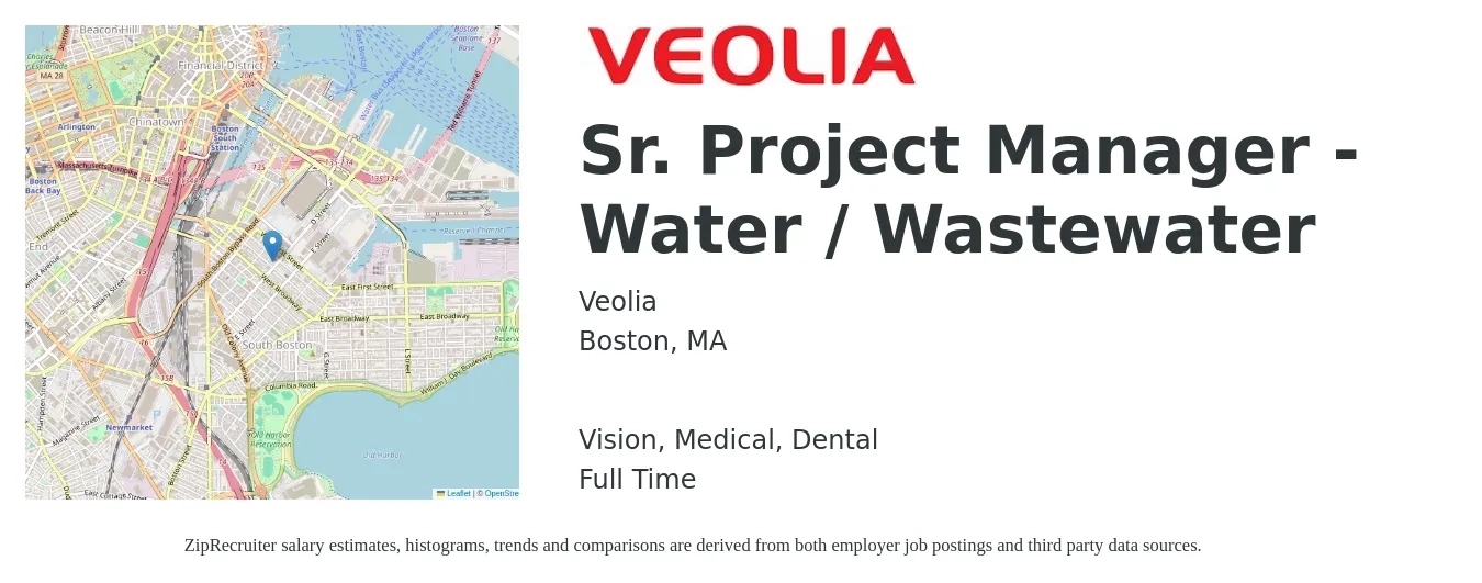 Veolia job posting for a Sr. Project Manager - Water / Wastewater in Boston, MA with a salary of $112,400 to $158,600 Yearly and benefits including pto, retirement, vision, dental, life_insurance, and medical with a map of Boston location.