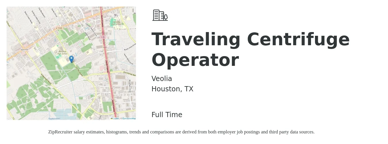 Veolia job posting for a Traveling Centrifuge Operator in Houston, TX with a salary of $800 to $1,170 Weekly with a map of Houston location.