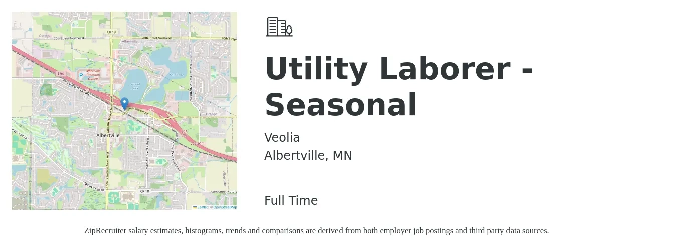 Veolia job posting for a Utility Laborer - Seasonal in Albertville, MN with a salary of $16 to $20 Hourly with a map of Albertville location.