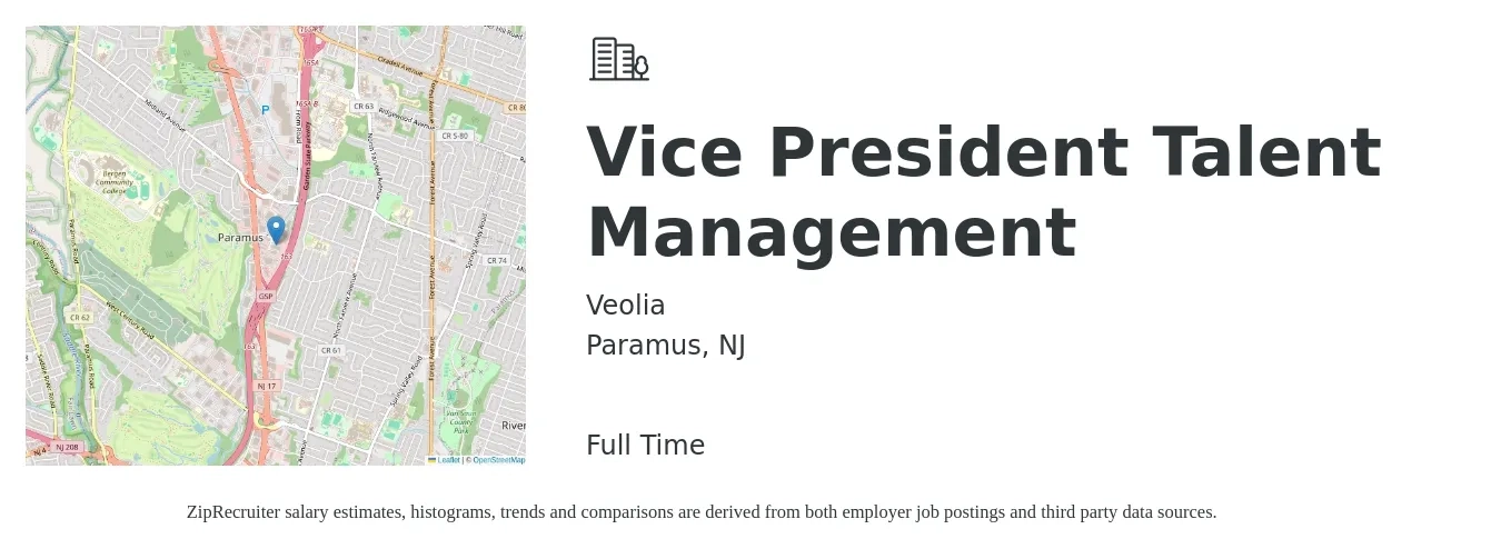 Veolia job posting for a Vice President Talent Management in Paramus, NJ with a salary of $125,000 to $201,400 Yearly with a map of Paramus location.