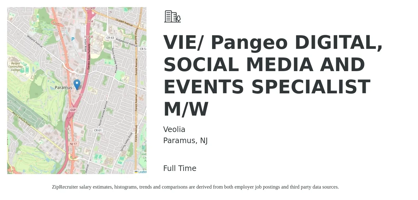 Veolia job posting for a VIE/ Pangeo DIGITAL, SOCIAL MEDIA AND EVENTS SPECIALIST M/W in Paramus, NJ with a salary of $50,600 to $91,600 Yearly with a map of Paramus location.