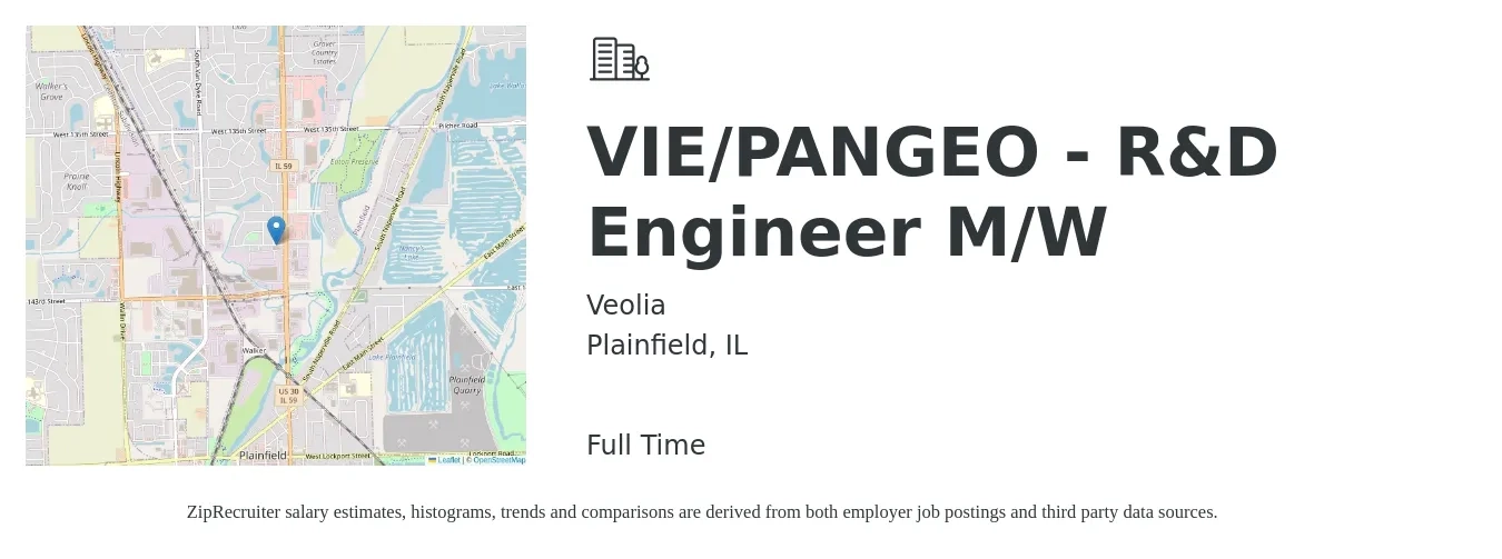 Veolia job posting for a VIE/PANGEO - R&D Engineer M/W in Plainfield, IL with a salary of $101,400 Yearly with a map of Plainfield location.