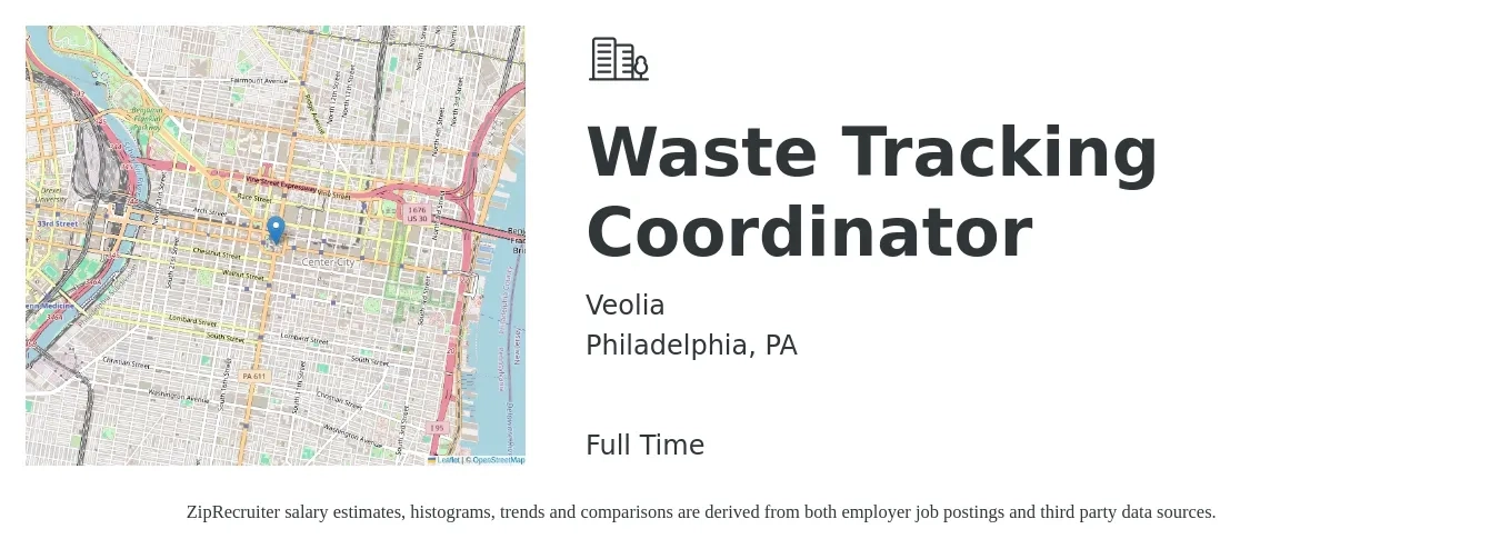 Veolia job posting for a Waste Tracking Coordinator in Philadelphia, PA with a salary of $19 to $29 Hourly with a map of Philadelphia location.