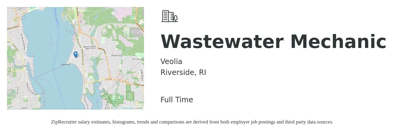 Veolia job posting for a Wastewater Mechanic in Riverside, RI with a salary of $27 Hourly with a map of Riverside location.