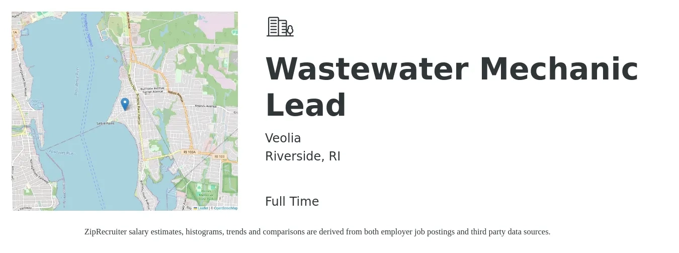 Veolia job posting for a Wastewater Mechanic Lead in Riverside, RI with a salary of $26 to $34 Hourly with a map of Riverside location.
