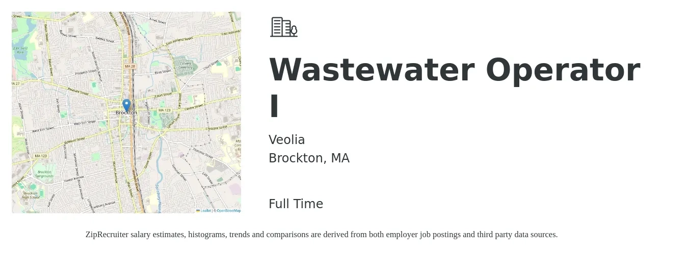 Veolia job posting for a Wastewater Operator I in Brockton, MA with a salary of $37 Hourly with a map of Brockton location.