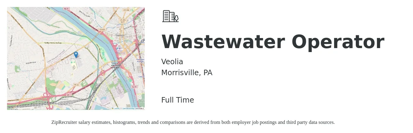 Veolia job posting for a Wastewater Operator in Morrisville, PA with a salary of $22 to $30 Hourly with a map of Morrisville location.