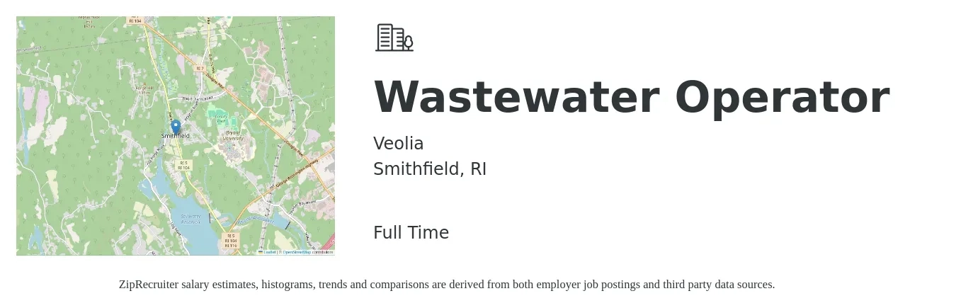 Veolia job posting for a Wastewater Operator in Smithfield, RI with a salary of $21 to $29 Hourly with a map of Smithfield location.