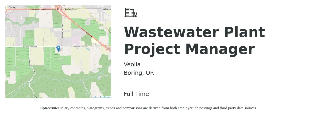 Veolia job posting for a Wastewater Plant Project Manager in Boring, OR with a salary of $79,400 to $116,900 Yearly with a map of Boring location.