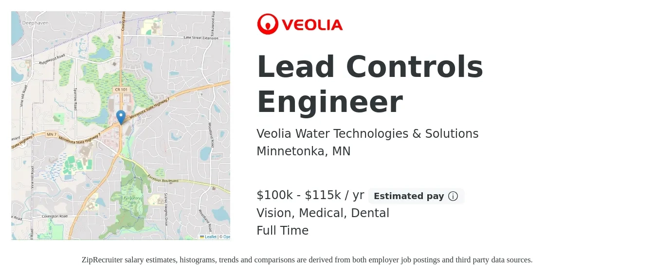 Veolia Water Technologies & Solutions job posting for a Lead Controls Engineer in Minnetonka, MN with a salary of $100,000 to $115,000 Yearly and benefits including dental, life_insurance, medical, pto, retirement, and vision with a map of Minnetonka location.