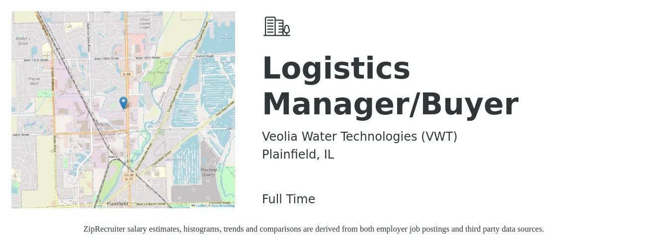 Veolia Water Technologies (VWT) job posting for a Logistics Manager/Buyer in Plainfield, IL with a salary of $55,100 to $88,200 Yearly with a map of Plainfield location.