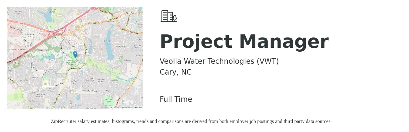 Veolia Water Technologies (VWT) job posting for a Project Manager in Cary, NC with a salary of $72,700 to $113,900 Yearly with a map of Cary location.