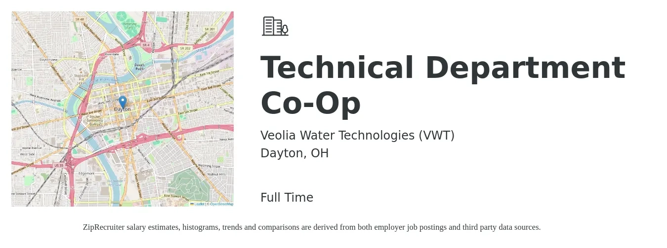 Veolia Water Technologies (VWT) job posting for a Technical Department Co-Op in Dayton, OH with a salary of $36,400 to $45,700 Yearly with a map of Dayton location.