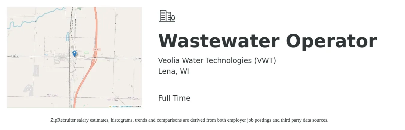 Veolia Water Technologies (VWT) job posting for a Wastewater Operator in Lena, WI with a salary of $20 to $28 Hourly with a map of Lena location.