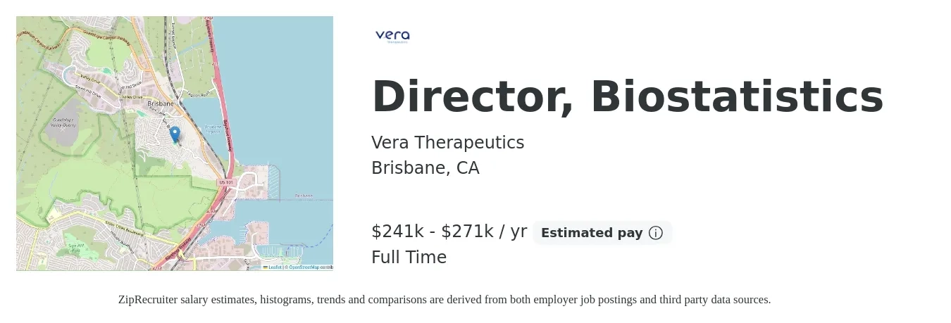 Vera Therapeutics job posting for a Director, Biostatistics in Brisbane, CA with a salary of $241,000 to $271,000 Yearly with a map of Brisbane location.