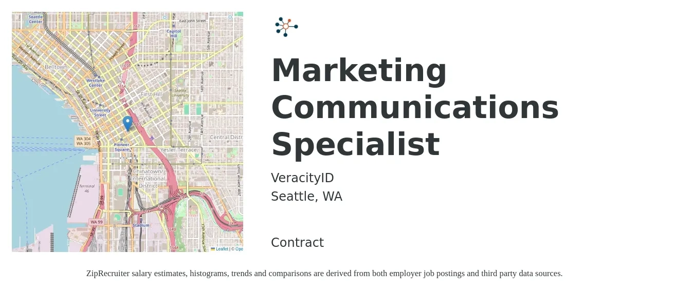 VeracityID job posting for a Marketing Communications Specialist in Seattle, WA with a salary of $68,800 to $90,500 Yearly with a map of Seattle location.