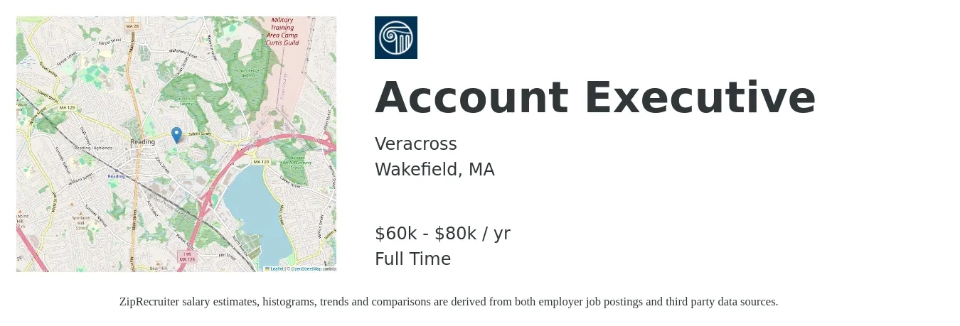 Veracross job posting for a Account Executive in Wakefield, MA with a salary of $60,000 to $80,000 Yearly with a map of Wakefield location.