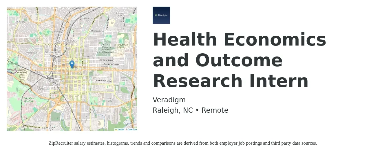 Veradigm job posting for a Health Economics and Outcome Research Intern in Raleigh, NC with a salary of $4,290 to $7,450 Monthly with a map of Raleigh location.