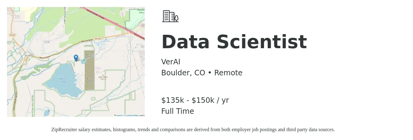 VerAI job posting for a Data Scientist in Boulder, CO with a salary of $135 to $150 Yearly with a map of Boulder location.