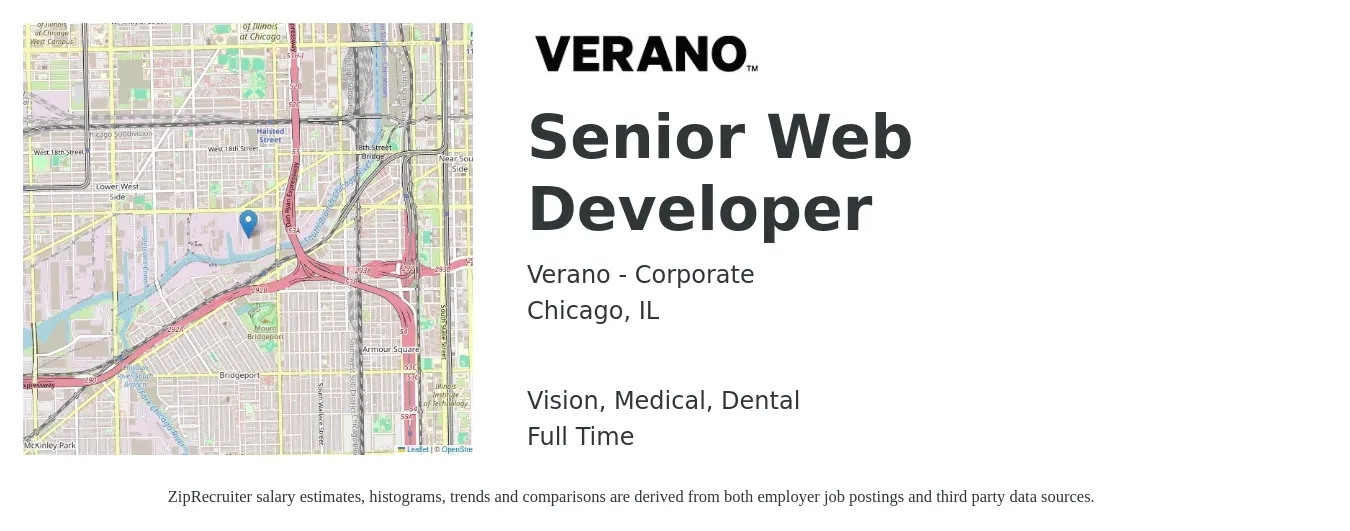 Verano - Corporate job posting for a Senior Web Developer in Chicago, IL with a salary of $93,700 to $135,500 Yearly and benefits including retirement, vision, dental, medical, and pto with a map of Chicago location.