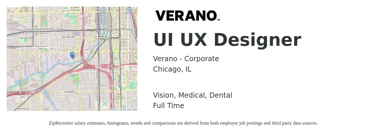 Verano - Corporate job posting for a UI UX Designer in Chicago, IL with a salary of $44 to $70 Hourly and benefits including medical, pto, retirement, vision, and dental with a map of Chicago location.