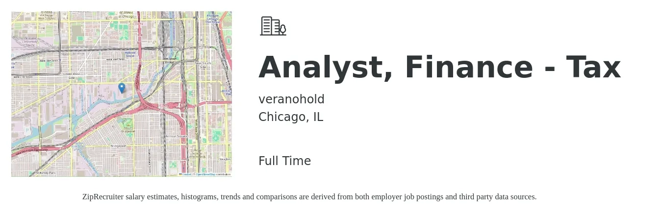 veranohold job posting for a Analyst, Finance - Tax in Chicago, IL with a salary of $58,700 to $101,500 Yearly with a map of Chicago location.