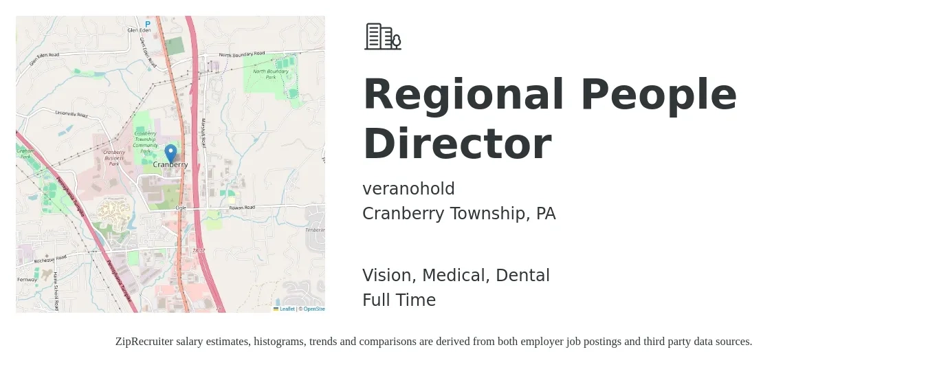 veranohold job posting for a Regional People Director in Cranberry Township, PA with a salary of $65,200 to $110,300 Yearly and benefits including medical, pto, retirement, vision, and dental with a map of Cranberry Township location.