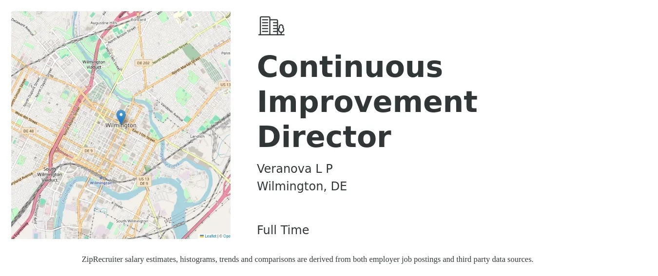 Veranova L P job posting for a Continuous Improvement Director in Wilmington, DE with a salary of $118,900 to $152,800 Yearly with a map of Wilmington location.