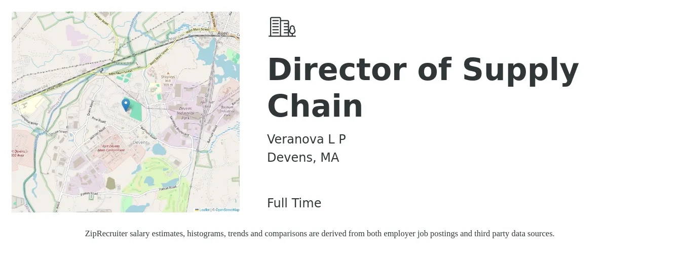 Veranova L P job posting for a Director of Supply Chain in Devens, MA with a salary of $202,500 to $229,200 Yearly with a map of Devens location.