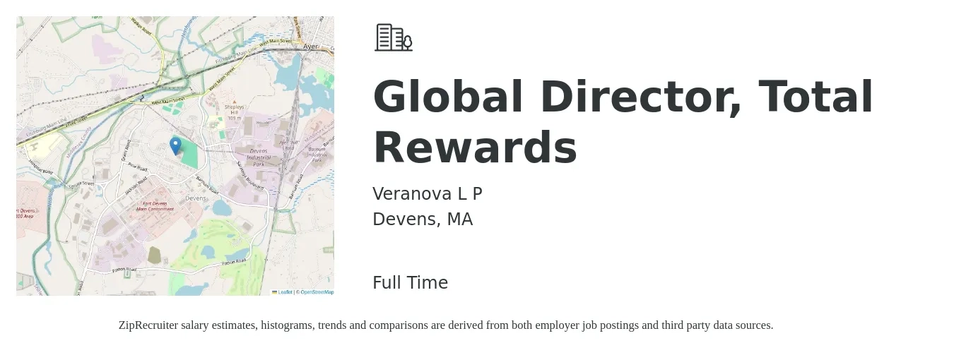 Veranova L P job posting for a Global Director, Total Rewards in Devens, MA with a salary of $183,600 to $194,700 Yearly with a map of Devens location.