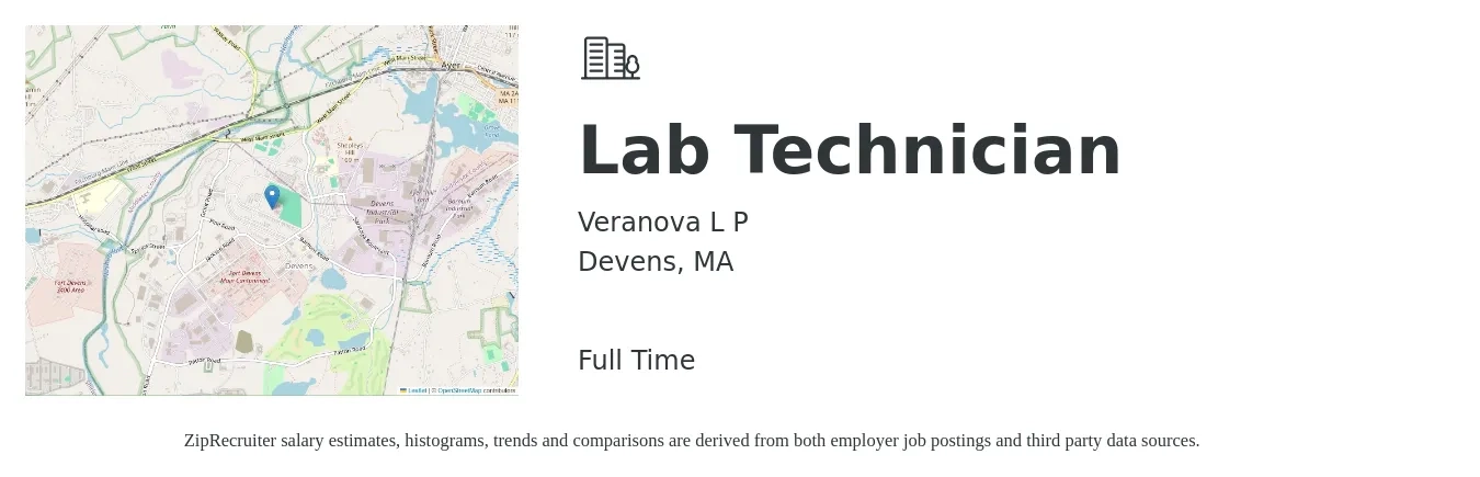 Veranova L P job posting for a Lab Technician in Devens, MA with a salary of $21 to $28 Hourly with a map of Devens location.