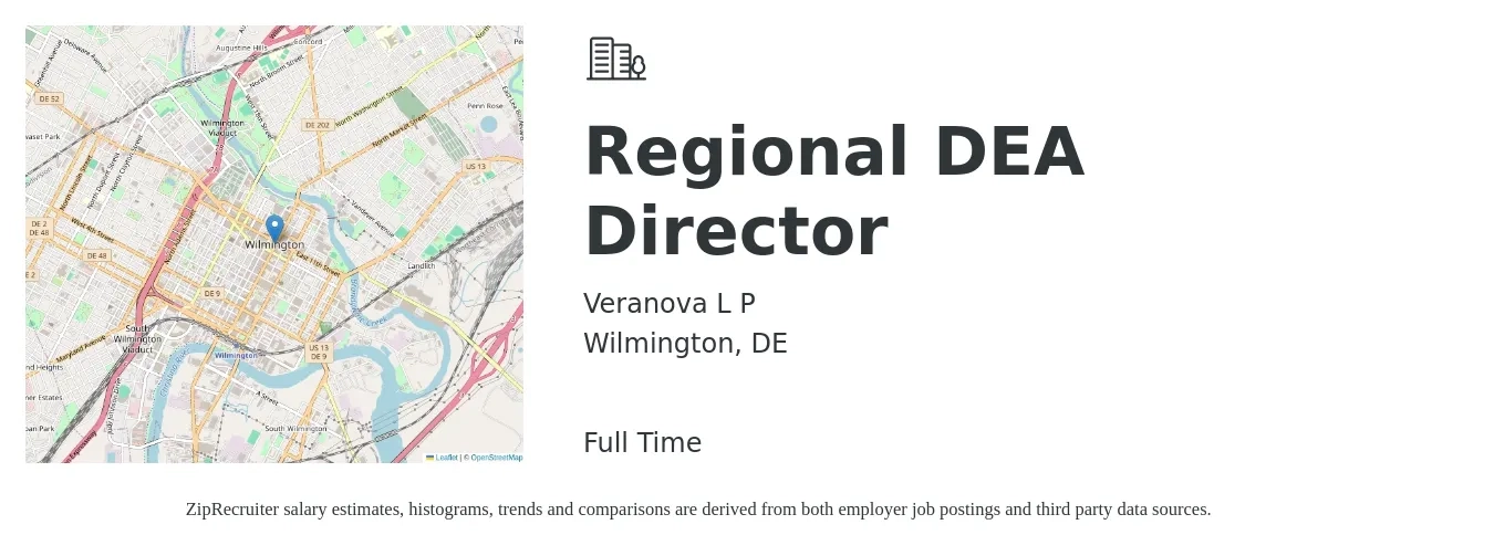 Veranova L P job posting for a Regional DEA Director in Wilmington, DE with a salary of $66,000 to $111,600 Yearly with a map of Wilmington location.