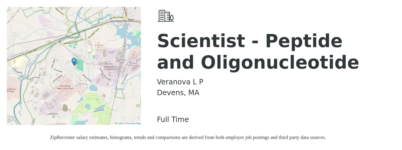 Veranova L P job posting for a Scientist - Peptide and Oligonucleotide in Devens, MA with a salary of $65,700 to $132,400 Yearly with a map of Devens location.