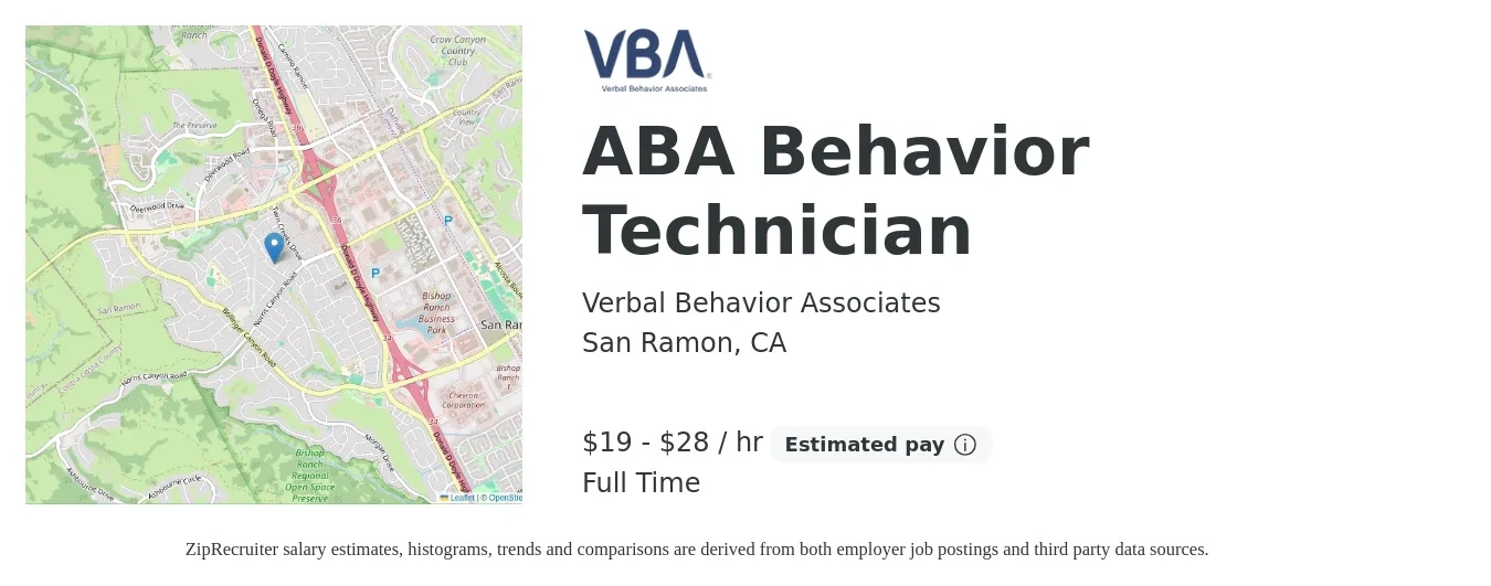 Verbal Behavior Associates job posting for a ABA Behavior Technician in San Ramon, CA with a salary of $19 to $30 Hourly with a map of San Ramon location.